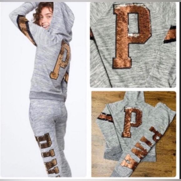 PINK VS HTF FLIP SEQUIN HOODIE/ BLING JOGGERS OUTFIT M - Picture 1 of 11